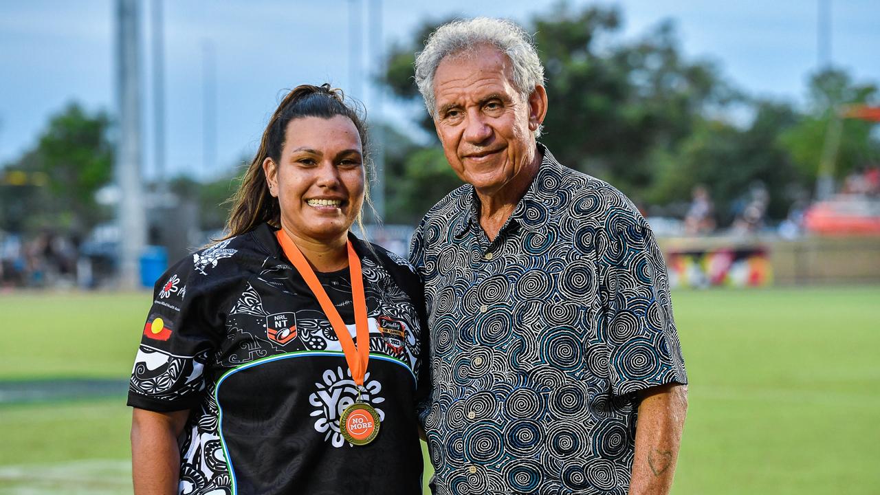 Indigenous All Stars captain Briannan Ross receives the Spirit of the Game award from Charlie King in the 2023 Deadly Cup Carnival. Picture: Pema Tamang Pakhrin