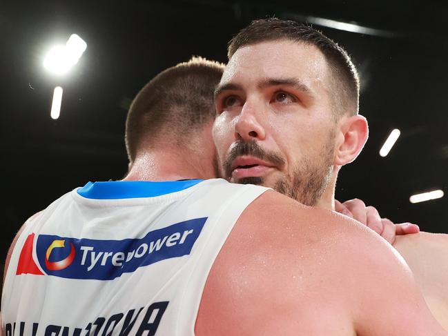 Matthew Dellavedova and Chris Goulding embrace after Melbourne United’s big win. Picture: Getty Images