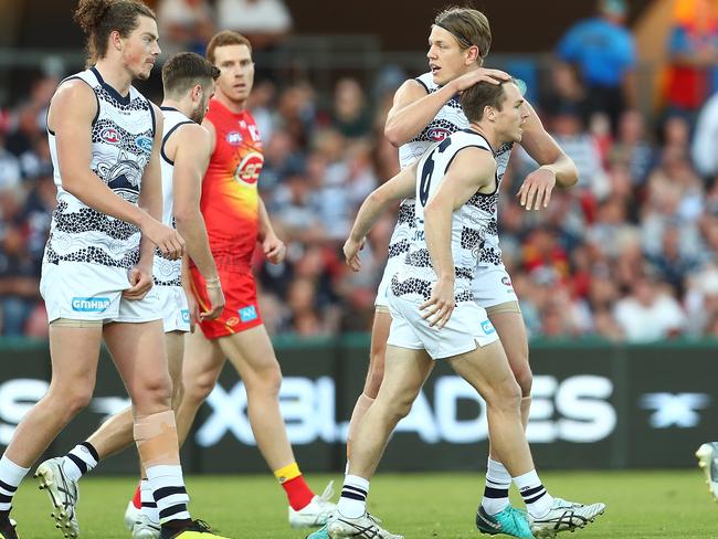 Lincoln McCarthy celebrates a goal with team-mate Rhys Stanley in Round 11, 2018.