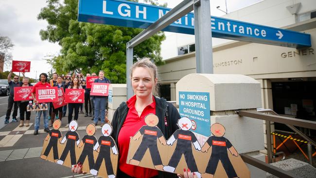 United Workers Union property services spokesperson Sarah Ellis and other UWU members protested the working conditions of Wilson Security staff working in the state service such as hospitals and courts. Picture: PATRICK GEE