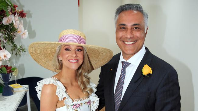 Latitude CEO Ahmed Fahour with Hannah Holmes in the Birdcage during the Melbourne Cup at Flemington racecourse. Picture: Aaron Francis