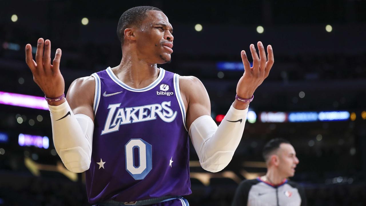 LOS ANGELES, CALIFORNIA - JANUARY 07: Russell Westbrook #0 of the Los Angeles Lakers reacts to a call in the second half at Crypto.com Arena on January 07, 2022 in Los Angeles, California. NOTE TO USER: User expressly acknowledges and agrees that, by downloading and or using this photograph, User is consenting to the terms and conditions of the Getty Images License Agreement. Meg Oliphant/Getty Images/AFP == FOR NEWSPAPERS, INTERNET, TELCOS &amp; TELEVISION USE ONLY ==