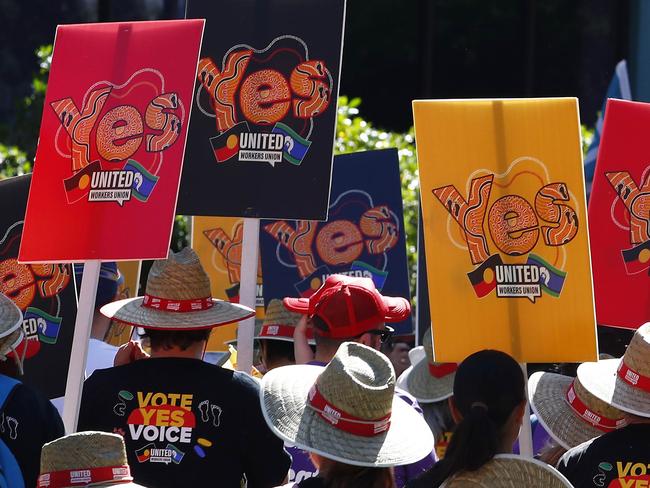 BRISBANE, AUSTRALIA - NewsWire Photos MAY 1, 2023: Members of the public carry Yes Vote signs during the Labor Day march in Brisbane. Picture: NCA NewsWire/Tertius Pickard