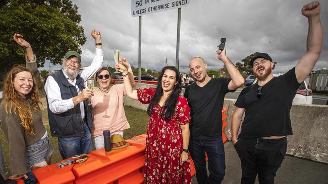 Chani Ridley, Alan Tait, Meade Atman, Charli Summerton, Nathan Ridley and Kalen Austin celebrate the news that the border will fully reopen in December. Picture: Nigel Hallett