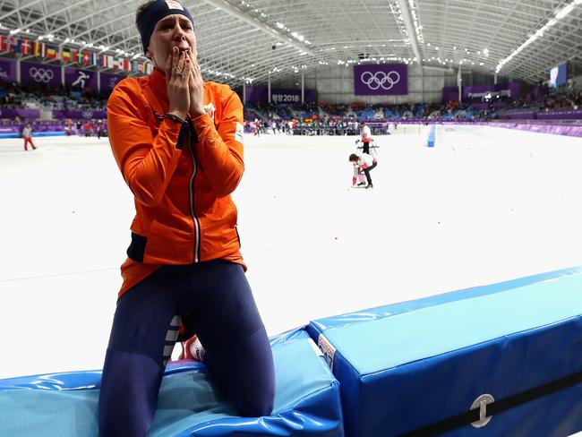 Ireen Wust of The Netherlands celebrates winning the gold medal during the Ladies 1,500m Long Track Speed Skating final on day three of the PyeongChang 2018 Winter Olympic Games at Gangneung Oval on February 12, 2018 in Gangneung, South Korea. Picture: Getty Images