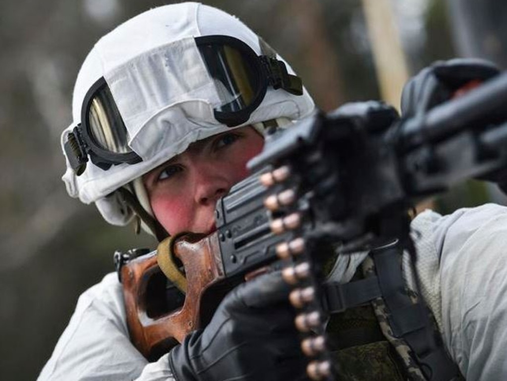 A Russian soldier attends a military exercising at the Golovenki training ground in the Moscow region. Picture: Alexei Ivanov/Russian Defense Ministry Press Service