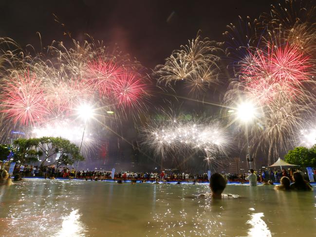 Fireworks over the South Bank Lagoon at New Years Eve, South Brisbane. Picture: Steve Pohlner