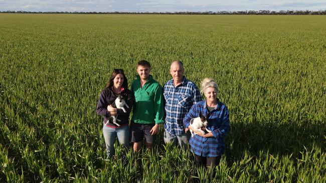 Victorian Mallee mixed farmers Craig and Isla Delmenico, right, with their son and crop manager Bo Delmenico and his partner Ash Sanders who will join the business as their agronomist next year.