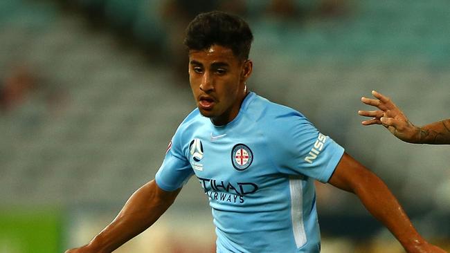 SYDNEY, AUSTRALIA — JANUARY 01: Daniel Arzani of City kicks the ball during the round 13 A-League match between the Western Sydney Wanderers and Melbourne City at ANZ Stadium on January 1, 2018 in Sydney, Australia. (Photo by Matt Blyth/Getty Images)