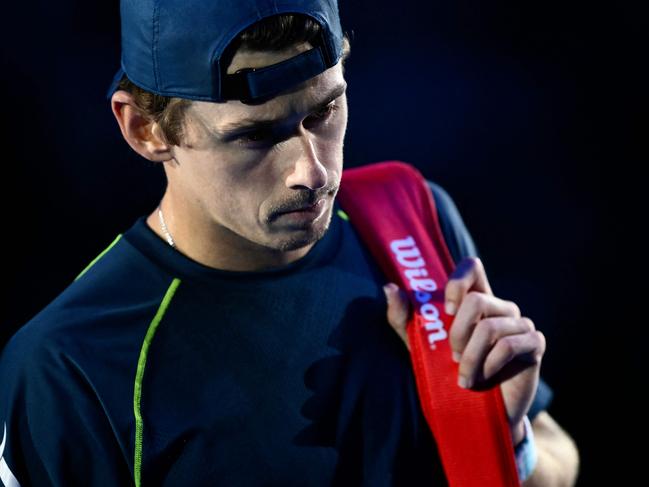 Australia's Alex De Minaur leaves after being defeated by Russia's Daniil Medvedev at the ATP Finals tennis tournament in Turin on November 12, 2024. (Photo by Marco BERTORELLO / AFP)