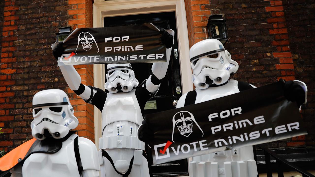Not everyone is happy about the idea of Johnson in the top job. Storm Troopers from Star Wars held signs on the steps of Johnson’s campaign office.