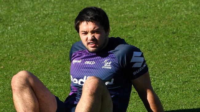 Brandon Smith is seen during an NRL Melbourne Storm training session at Sunshine Coast Stadium on the Sunshine Coast, Queensland, Monday, June 29, 2020. The Storm have moved 55 players and staff into a Sunshine Coast "bubble"  after the Queensland Government granted the club an exemption which allows the players and staff, who have been following strict COVID-19 protocols, to relocate to Queensland. (AAP Image/Darren England) NO ARCHIVING