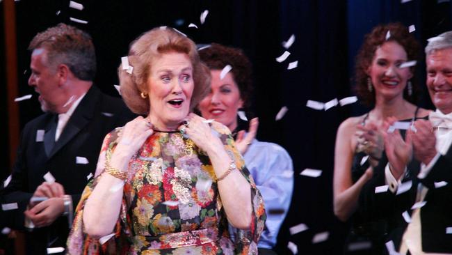 Dame Joan Sutherland on stage at the Sydney Opera House during a gala concert to celebrate her 50th wedding anniversary with her conductor husband Bonynge. Pic Jeff Busby.