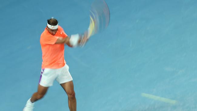 Spain’s Rafael Nadal plays a backhand against American Michael Mmoh on Thursday night. Picture: Getty Images