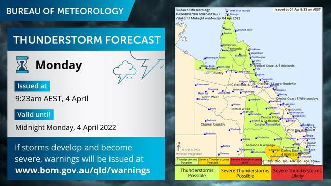 More severe thunderstorm could lash parts of the Western Downs and Maranoa regions during Monday. Photo/BOM