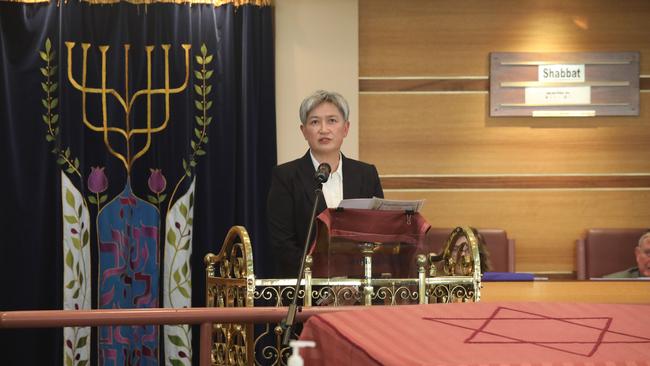 Foreign Minister Penny Wong attending a vigil organised by the Jewish Community Council of South Australia following the October 7 terrorist attack. Picture: Dean Martin