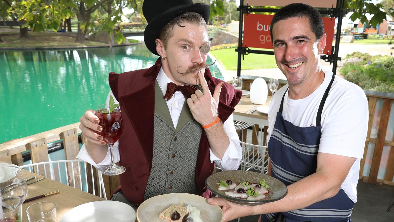 Chef Brad Sappenberghs serves the pate and kingfish to ‘Mr Marmalade’ at Gluttony. Picture: Dean Martin