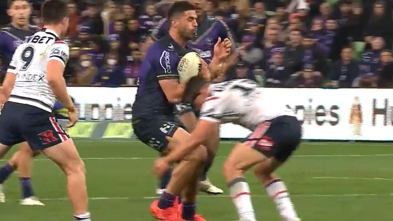 Victor Radley comes off second best after a tackle on Jesse Bromwich. Radley was attended to by medicos after the tackle.