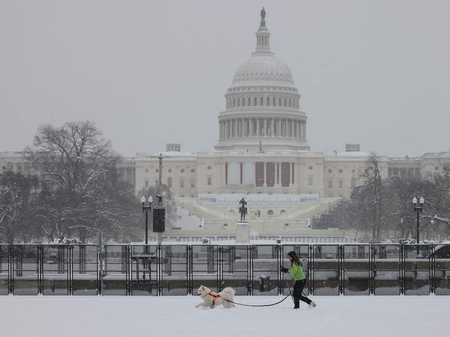 A woman walks her dog near the US Capitol as snow falls during a winter storm in Washington, DC earlier this month. Picture: AFP