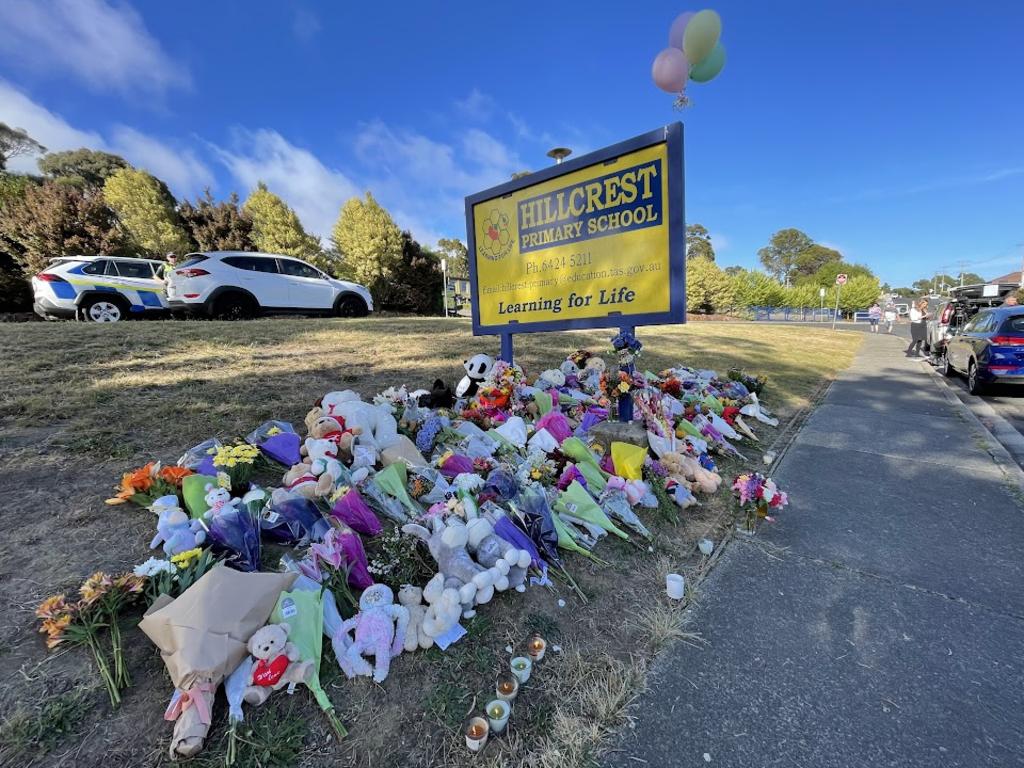 A growing pile of floral tributes at Hillcrest Primary School on Friday morning. Picture: Jack Evans