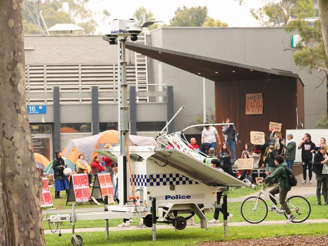 Police erected mobile security cameras at the Monash encampment. Picture: Jason Edwards