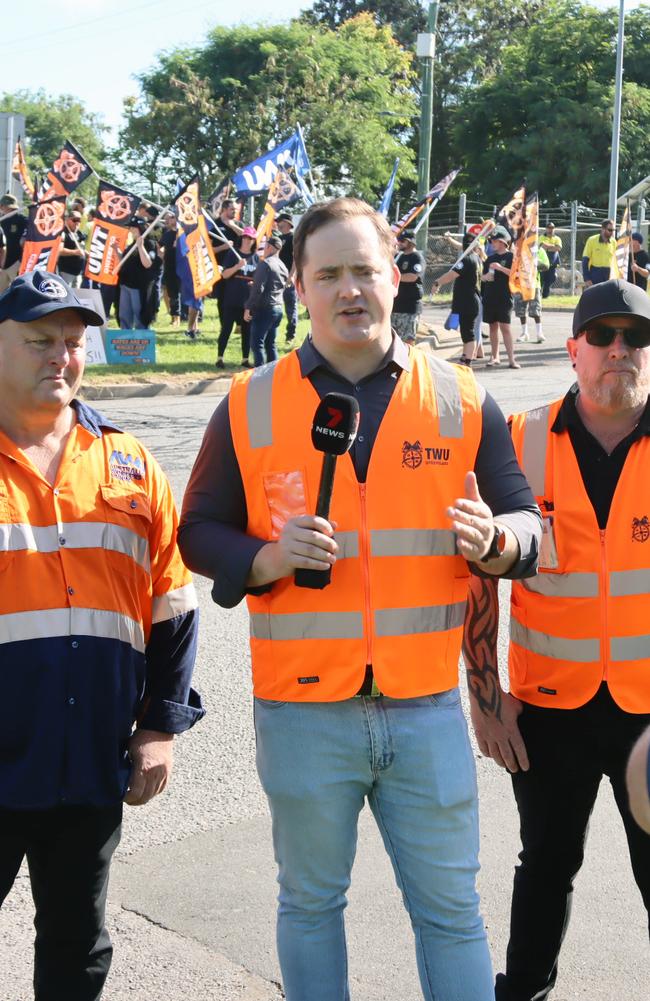 The TWU's Josh Millroy talks to media at the strike site.