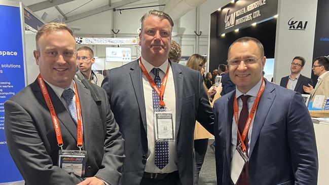 James Palmer Space Centre Australia CEO, Tom Young, Orbit Boy Director, and Vasyl Myroshnychenko, Ukraine Ambassador to Australia and New Zealand, at the 2023 Avalon Air Show. Picture: Supplied