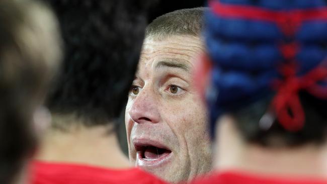 Melbourne coach Simon Goodwin speaks at three quarter time. Picture: Sarah Reed