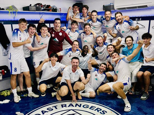 Marlins Coast Rangers FC celebrates after their victory over MA Olympic in the Kappa Queensland Cup's Northern Regional Final. Picture: Jason Galea