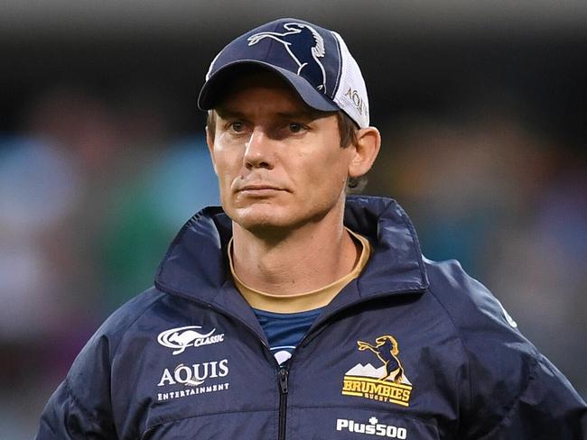 ACT Brumbies Coach Stephen Larkham reacts ahead of the Round 2 Super Rugby match between the ACT Brumbies and the Sharks at GIO Stadium in Canberra, Saturday, March 4, 2017. (AAP Image/Lukas Coch) NO ARCHIVING, EDITORIAL USE ONLY