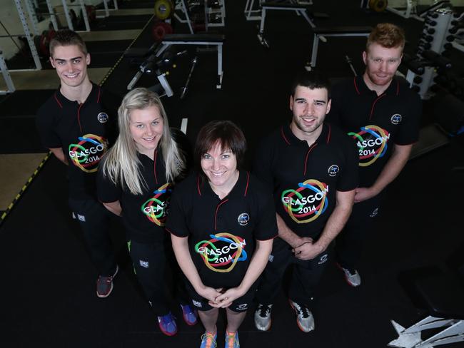 The Commonwealth Games. Australian sprint team from left to right: Matthew Glaetzer, Stephanie Morton, Anna Meares, Nathan Hart and Peter Lewis. Picture: Tait Schmaal.