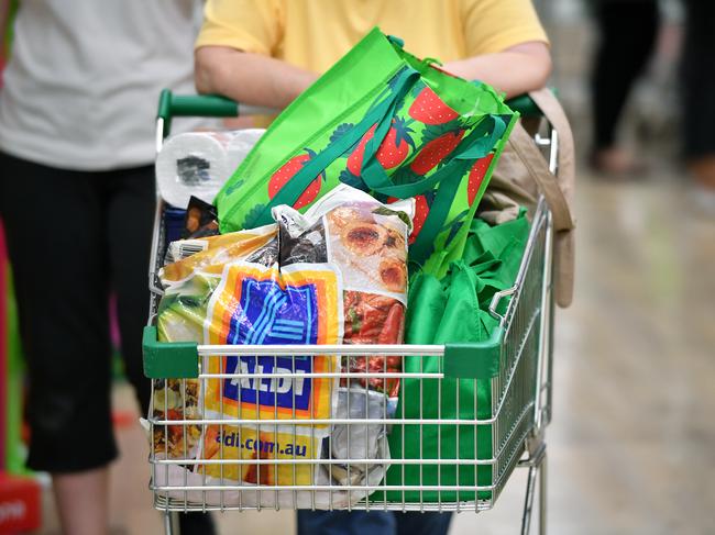 Environmentally-friendly shopping bags at Woolworths Dural, Sydney, Wednesday, April 4, 2018. The Dural store is one of three NSW Woolworths retailers to go plastic bag free (or charge for plastic bags) as of today. (AAP Image/Joel Carrett)