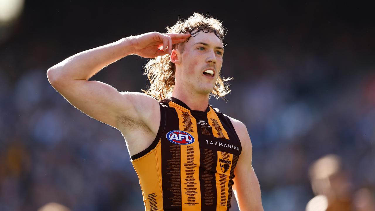 Josh Weddle of the Hawks celebrates a goal. Picture: Michael Willson/AFL Photos via Getty Images