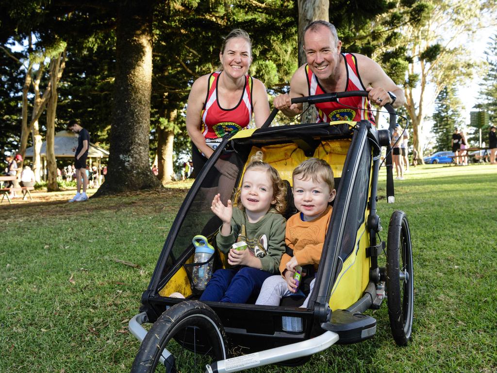 Olivia and Chris Haire with their kids Evie and Joy at Peak2Park fun run, Sunday, March 2, 2025. Picture: Kevin Farmer