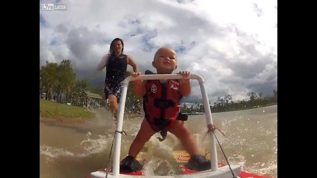 Baby learns to water ski