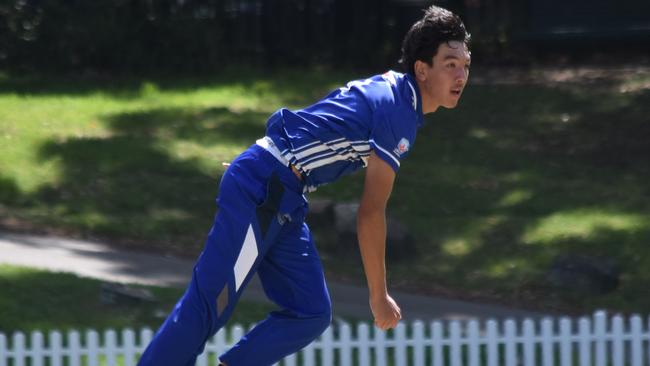 Bankstown fast bowler Kostas Saisanas in full flight at Sydney University in round two of the Green Shield. Picture: Sean Teuma