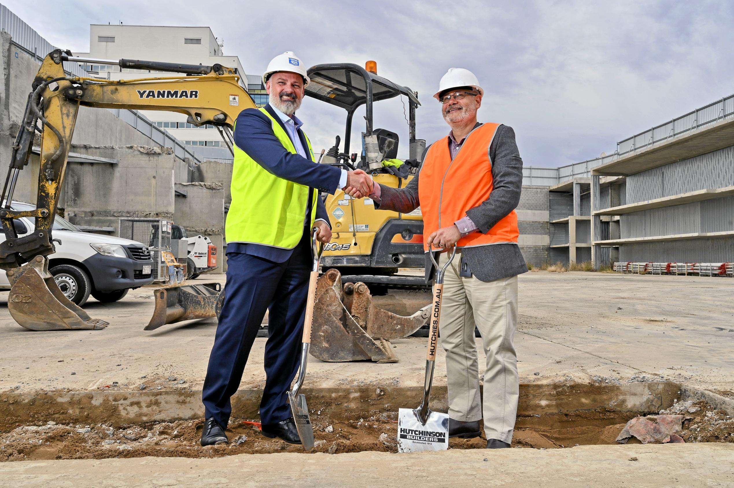 Hutchinson Builders national construction manager Chris Stevenson with Ipswich City Council interim administrator Greg Chemello at the site of the new Ipswich CBD development site. Picture: Cordell Richardson