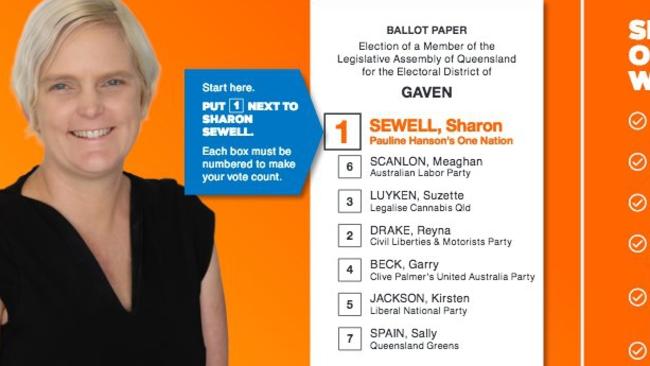 Gold Coast One Nation candidate Sharon Sewell's how-to-vote cards for the Gaven prepoll. Photo: Facebook