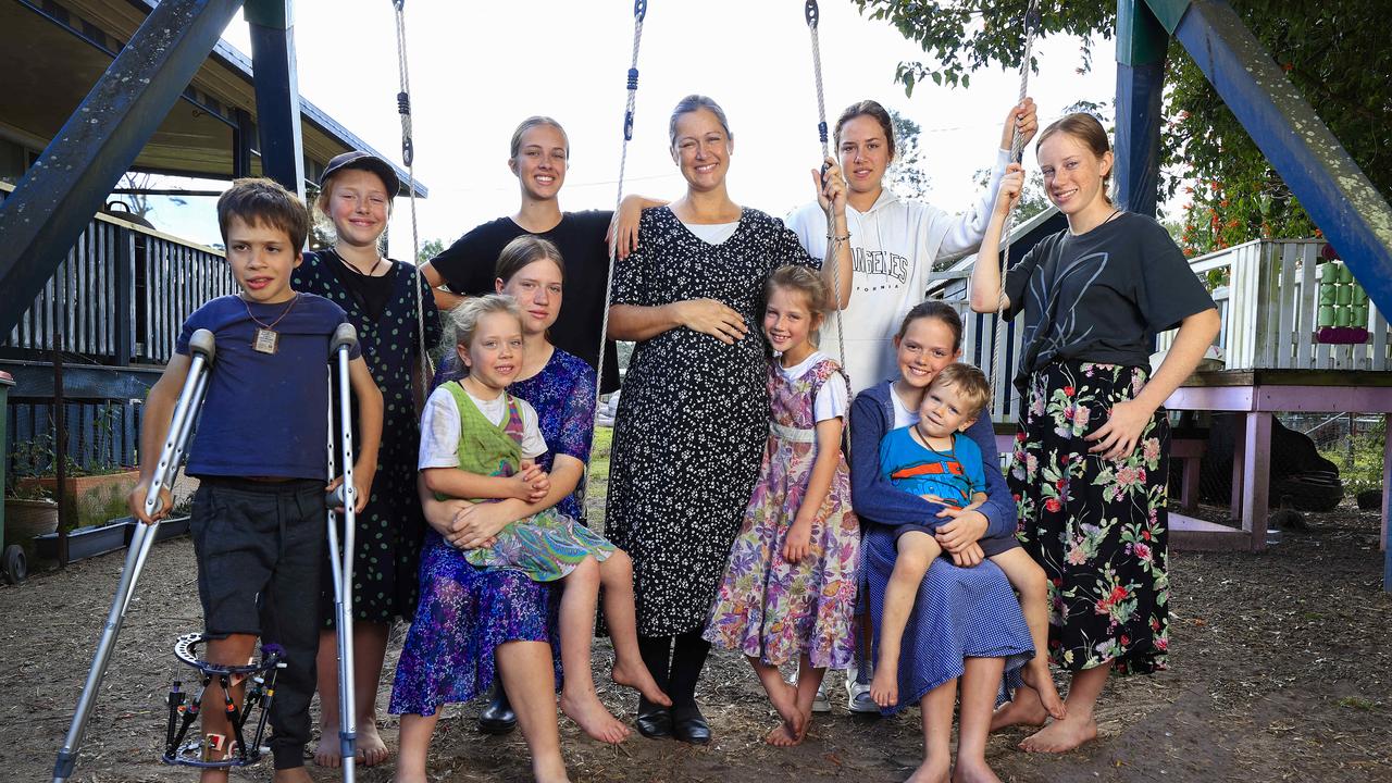 Caroline Langguth at home with kids Bridie 17, Felicity 16, Suzannah 15, Celina 13, Kateri 12, Charlotte 11, Andrew 9, Rita 8, Evelyn 6. Joey 3. Caroline is expecting her 14th child in August and as you can expect has a very busy life. Pics Adam Head