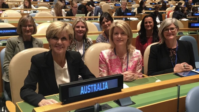 Governor-General Sam Mostyn with Julie Bishop, Natasha Stott Despoja, Ambassador Gillian Bird and staff at the Australian Embassy.