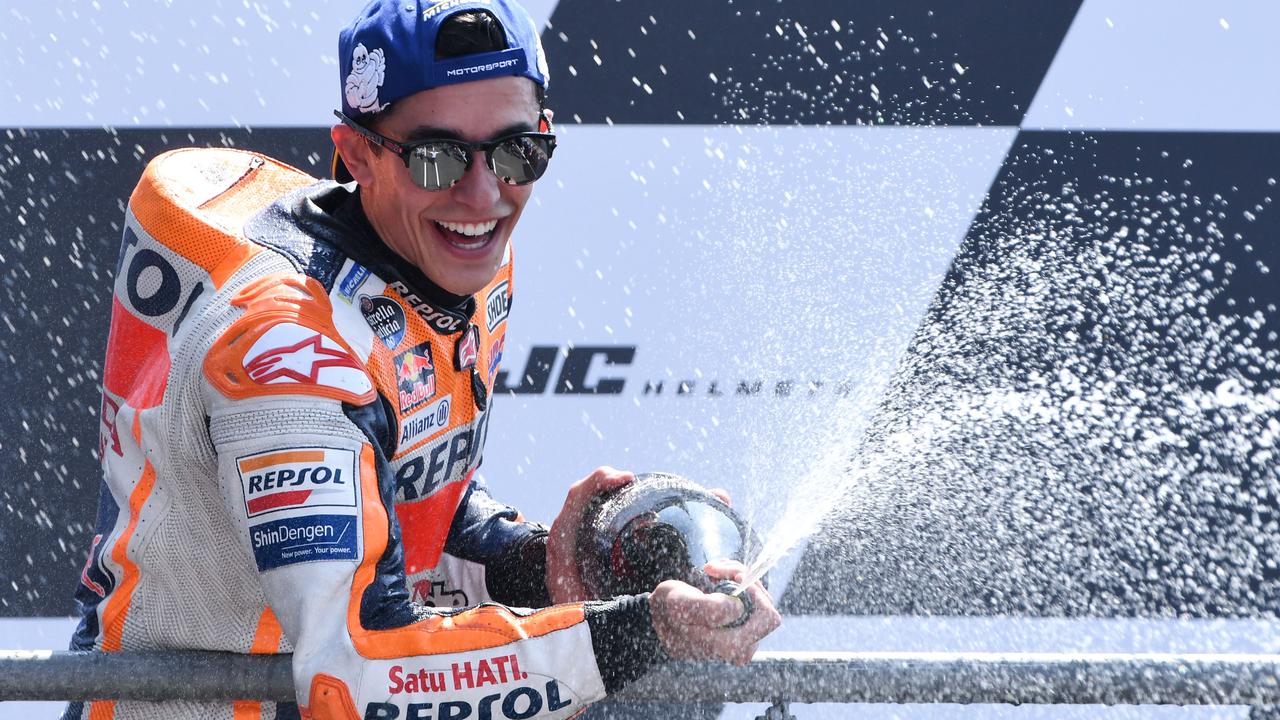 Marc Marquez celebrates his third win in a row for 2018 at the French Grand Prix.