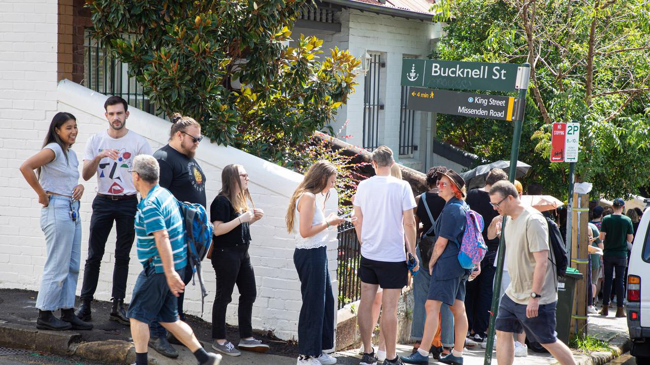 A 100m long line of people looking for rental housing in Newtown, Sydney. Picture – Chris Pavlich