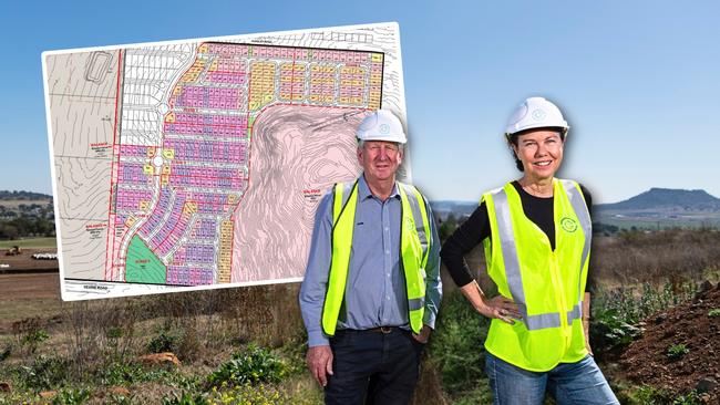 Wagner Corporation director Denis Wagner and Richards Group managing director Melinda Richards at their Gainsborough Lodge subdivision, off Toowoomba-Cecil Plains Road in Wellcamp, Friday, August 23, 2024. Picture: Kevin Farmer