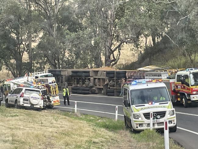 Emergency service crews were called to the scene of a truck rollover on the New England Highway, near Cooyar.