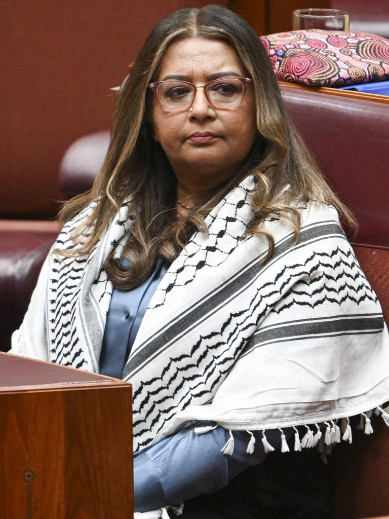 Greens Senator Mehreen Faruqi also wore a Palestinian scarf in the Senate. Picture: NCA NewsWire / Martin Oldman