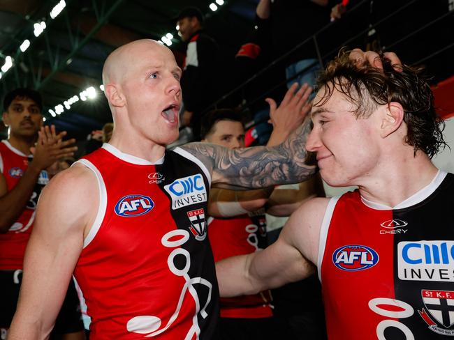 MELBOURNE, AUSTRALIA - AUG 17: Zak Jones of the Saints leaves the field after a win during the 2024 AFL Round 23 match between the St Kilda Saints and the Geelong Cats at Marvel Stadium on August 17, 2024 in Melbourne, Australia. (Photo by Dylan Burns/AFL Photos via Getty Images)