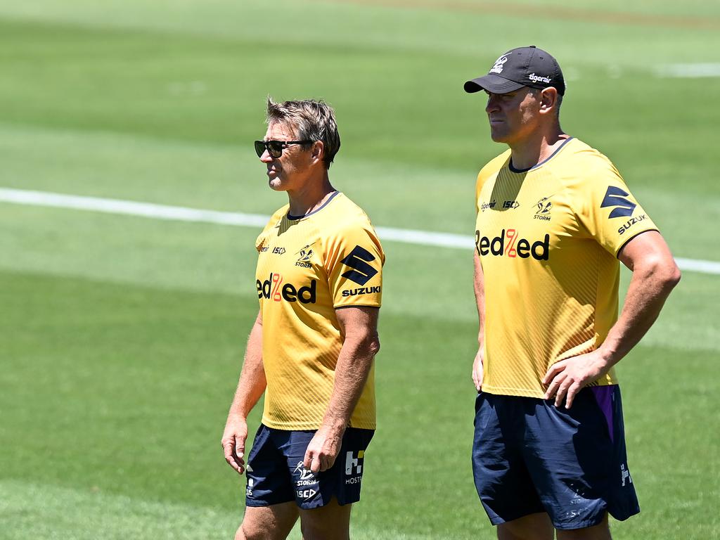 Parramatta coach Jason Ryles (R) was an assistant to Craig Bellamy at Melbourne when Josh Addo-Carr was at the Storm. Photo by Bradley Kanaris/Getty Images