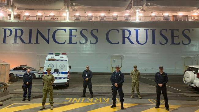 Security, police and army personnel at the Ruby Princess docked in Wollongong.