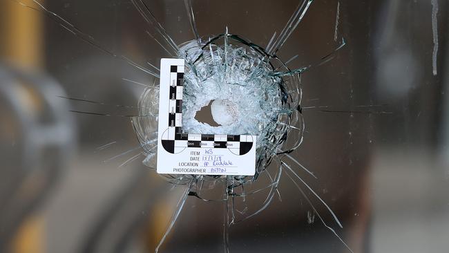 A bullet hole at the scene where Hawi was shot. Picture: Toby Zerna