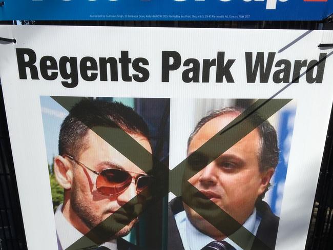 Signs around the Regents Park ward of Cumberland Council urged Chinese-speaking voters not to vote for Ned Attie because of his links to Salim Mehajer.
